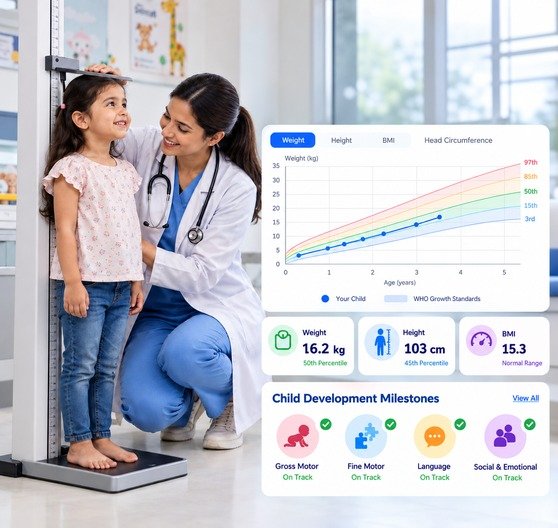 Pediatrician measuring a child's height with a digital growth chart, BMI and developmental milestones on screen