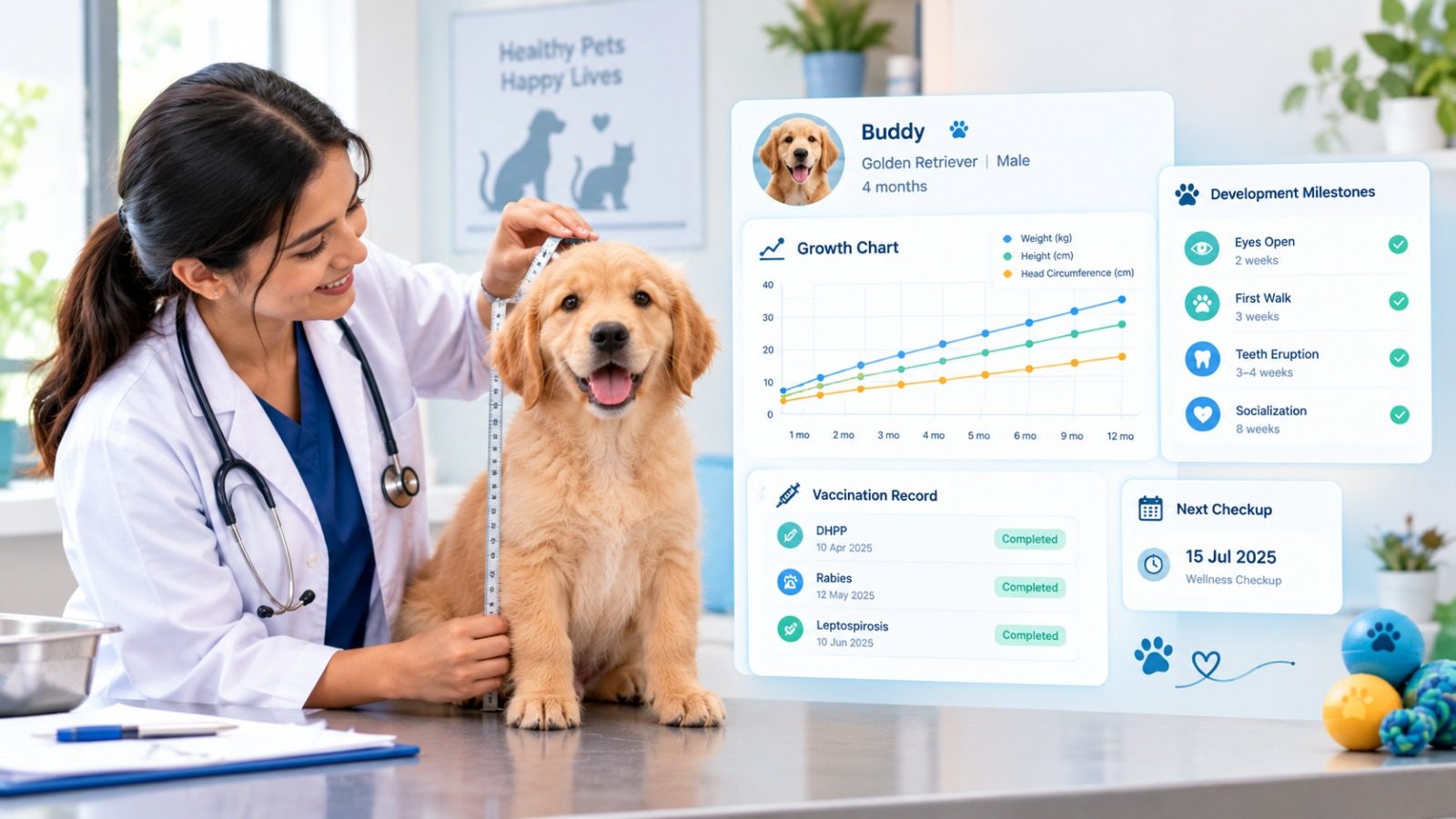 Veterinary doctor measuring a golden retriever puppy, with a growth chart, development milestones and vaccination record on screen